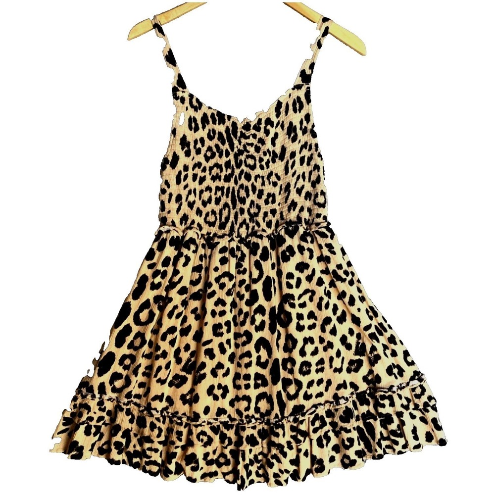 L Love Cheetah Party Dress Womens L Spaghetti Strap Ruffle Hem Crinkle Smocked